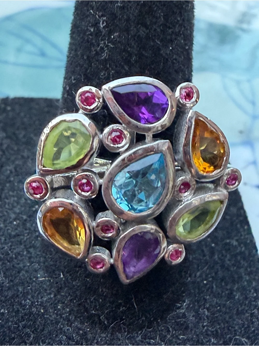 Vamijewells Natural Multi-Gemstone 925 Sterling Silver Statement Ring